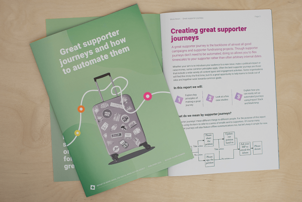 Report cover reads 'Great supporter journeys and how to automate them'