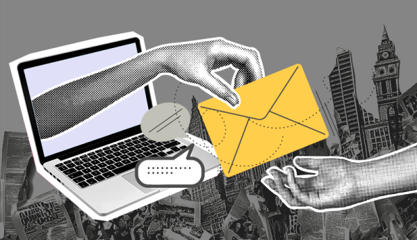 Hand reaches out of a computer to deliver a letter to another hand