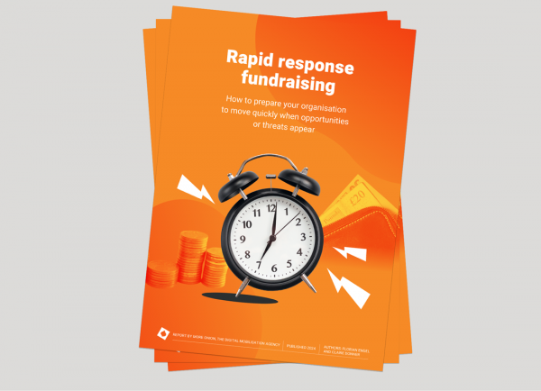 Rapid response fundraising report front cover. An orange background with an alarm clock in the middle