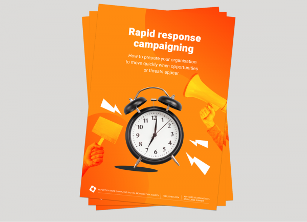 Rapid response campaigning report cover. An orange background and an alarm clock in the middle